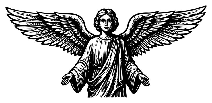 Vintage woodcut style angel figure with large wings and open arms vector engraving illustration
