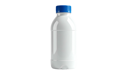 Isolated, opaque white plastic bottle with a blue cap against a black background