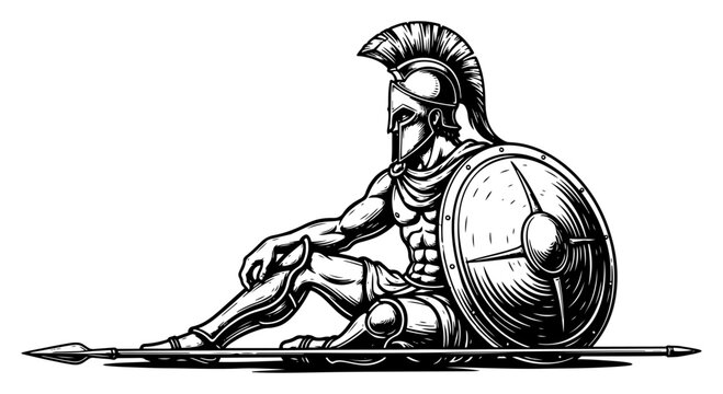Ancient greek spartan warrior resting on the ground with shield and spear in detailed black and white vector illustration style