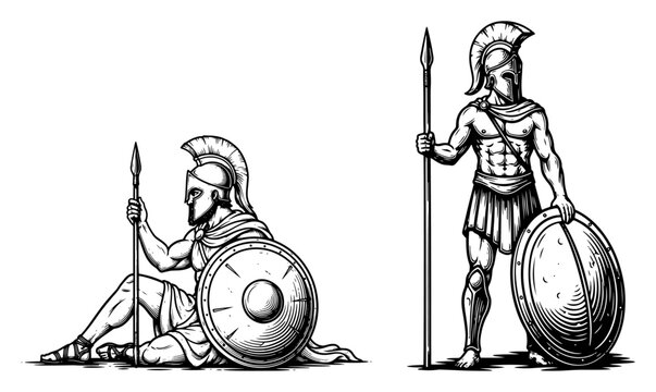 Set of two ancient greek warrior poses vector illustration showing standing and sitting soldiers with spears and shields in sketch style