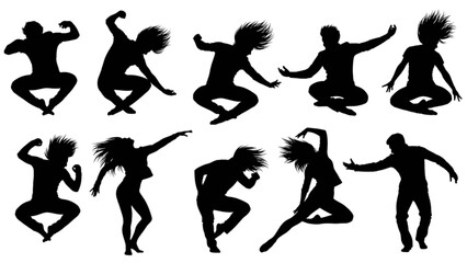 Dynamic silhouettes of people showcasing various energetic dance moves and poses isolated on transparent background