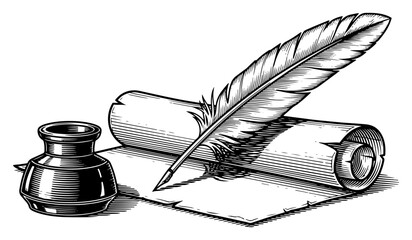 Vintage feather quill pen with inkwell and paper scroll vector engraving illustration © Katarzyna