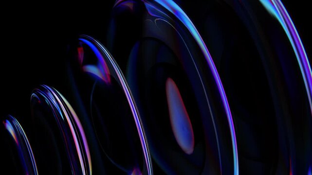 Abstract iridescent glass rings rippling with light dispersion and reflection on a black background. Seamless loop