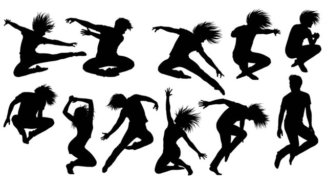Dynamic silhouettes of young dancers in various expressive poses against a white background isolated on transparent background