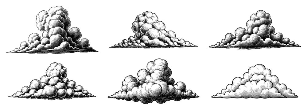 Set of fluffy cloud illustrations in vintage engraving style black and white vector sky elements collection