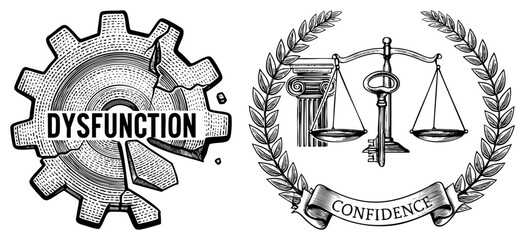 Broken gear labeled dysfunction versus scales of justice with confidence banner