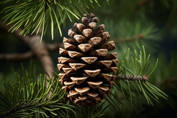 Close up of a mature pine cone hanging on a branch, surrounded by vibrant green needles, in a natural forest setting