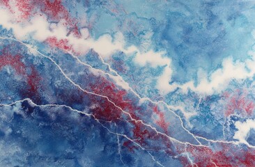 Abstract visual of red and blue marbled textures with white veins, resembling a map or terrain