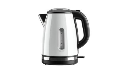 A modern white electric kettle with black accents, spout, and a water level indicator