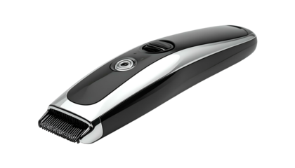 Sleek, black and silver hair clipper on a dark background. Angled perspective