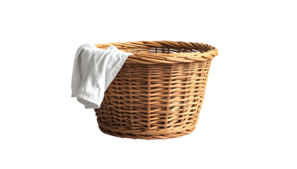 Wicker laundry basket with a white shirt peeking out, on a black background