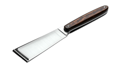 Close-up of a handcrafted, highly polished, rectangular-bladed knife with a wood handle