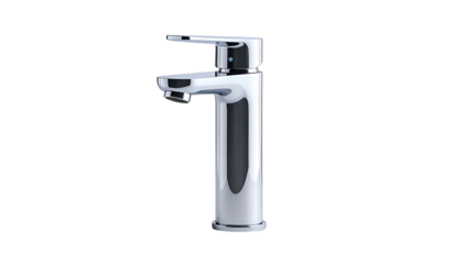 A tall, chrome-finished bathroom faucet with a sleek, modern design, isolated on black
