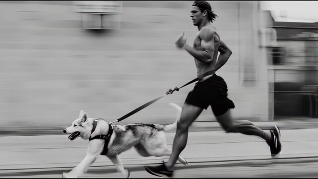 Muscular man running with his husky dog on a leash in a blur of motion
