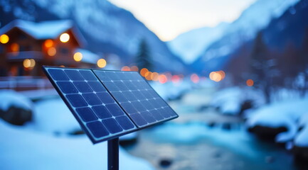 Solar panels in a small village among the mountains on a winter evening.