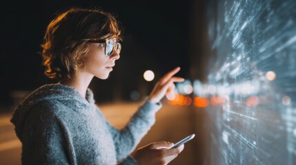 Young adult exploring interactive print media through smart device integration highlighting innovative augmented reality technology.