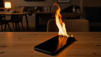 A smartphone is burning on a table in a large room at home, next to a chair