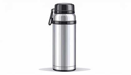 Stainless steel thermos bottle with shiny metallic finish, cylindrical shape, screw-on lid, and black carrying strap.
