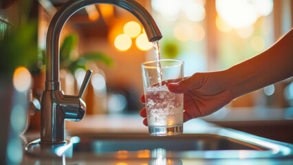 A man pours water into a transparent glass from a tap in the kitchen