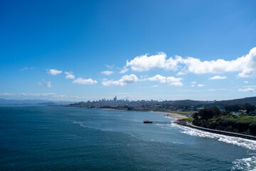 San Francisco skyline and bay view from Golden Gate Bridge