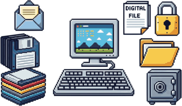 Pixel art computer icons. Tech devices, pixelated computer keyboard and screen, digital file, retro disk, security lock, email, safe and folder symbols. Office equipment 8 bit vector set.