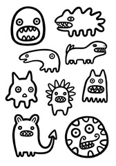 Fototapeta premium Set of hand drawn cute and scary monsters in black and white line art style, quirky doodle characters for stickers and Halloween decorations, funny creature icons