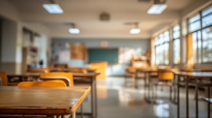 Blurry view of empty classroom with desks, chairs, chalkboard, and windows