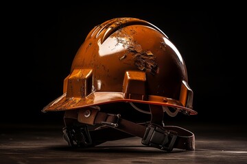Mud caked and scratched orange hard hat, suggesting a day of hard work in mining or construction, sits on a dark wooden surface against a black background