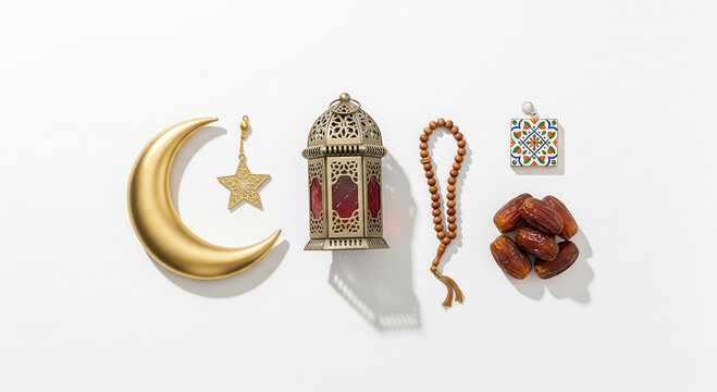 Ramadan Flat Lay with Crescent Moon, Lantern, Prayer Beads and Dates on White Background