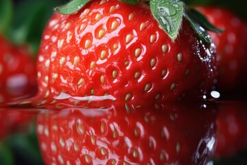 A vibrant red strawberry with green leaves and water droplets on its surface, set against a blurred background of green foliage.