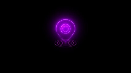 Neon purple map pin with glowing concentric circles on black background for navigation and location based services