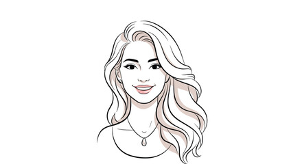 Portrait of a beautiful smiling woman with long flowing blonde hair and a delicate necklace on a clean and simple white background.