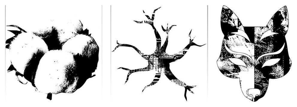 Cotton boll tree fox head black and white vector