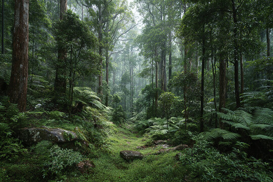 Green rainforest floor surrounded by tall trees and ferns with mist creating peaceful and fresh atmosphere in dense forest landscape