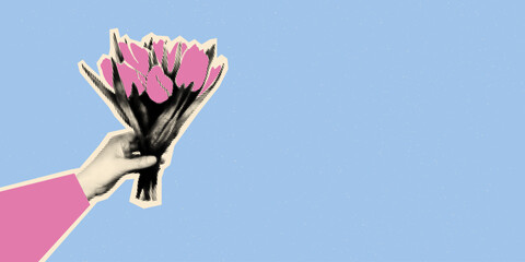 Spring floral horizontal banner template. Female halftone hand holding bouquet of pink tulips with vintage dot texture and doodles. Modern retro grunge mixed media collage vector illustration