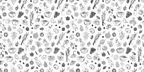A seamless pattern of sketched fruits vegetables and bowls of food