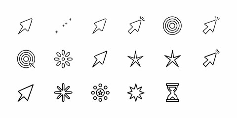 Collection of minimalist line art icons featuring stars arrows and abstract shapes
