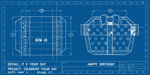 Architectural blueprint displaying a gift box with a celebratory birthday message