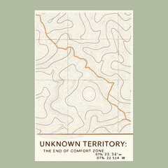 Abstract topographic map with an orange route and text unknown territory