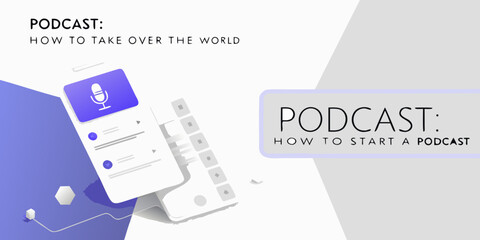 Podcast branding mockup with smartphone microphone and abstract design elements