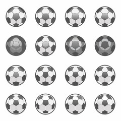 A collection of monochrome soccer balls displayed in a grid arrangement