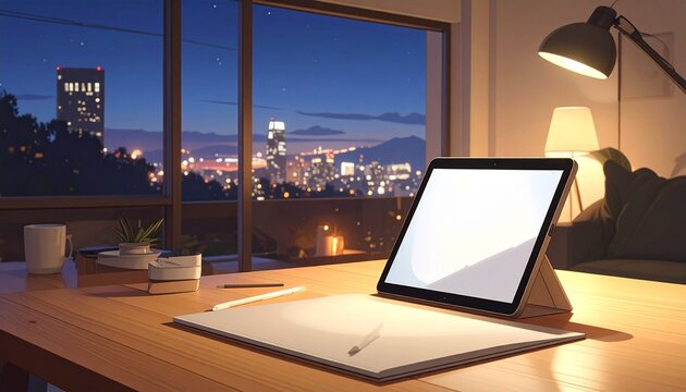 A tablet emitting subtle interface light on a wooden desk surface. Minimal technology presence integrated into a modern workspace.
 - Powered by Adobe