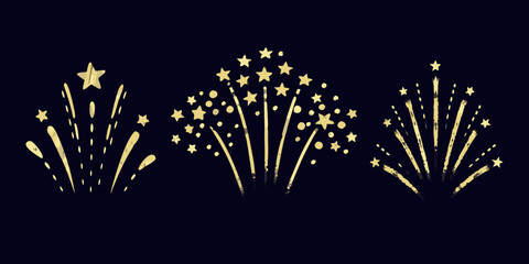 Golden firework displays illuminate the dark background with sparkling starbursts