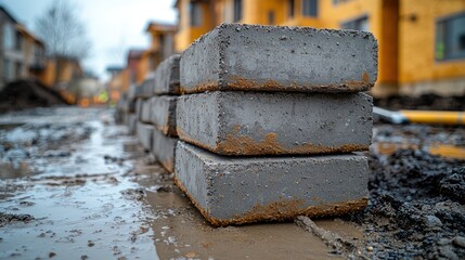 Stacked gray concrete pavers on a construction site