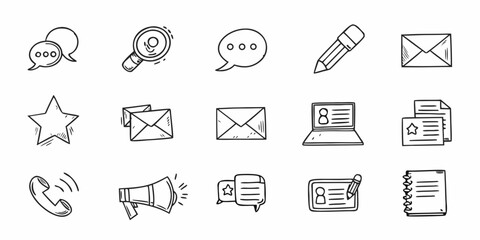 Collection of hand drawn communication and office icons in black and white