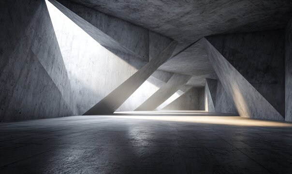 Modern architectural interior with geometric shapes, dramatic light, and concrete surfaces