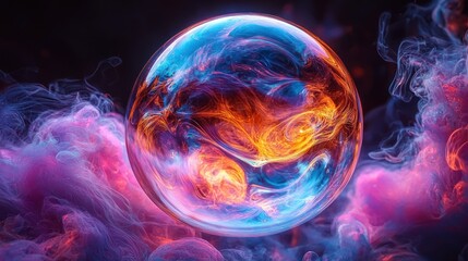 A glowing, ethereal sphere of swirling colors, surrounded by wispy pink and purple smoke