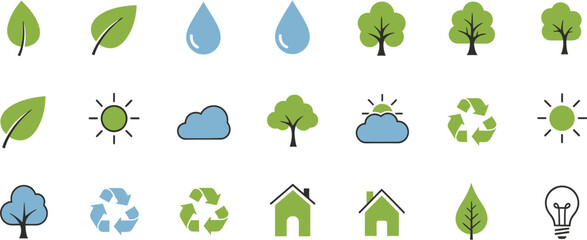Eco-friendly and sustainable vector icon set, showcasing vibrant leaves, water drops, trees, sun, clouds, and recycling symbols for green graphic design projects