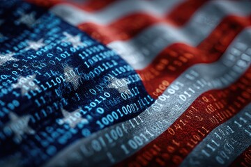 American flag texture with code overlay, patriotic visual, data, stars, and stripes design