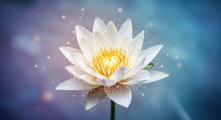 柔らかな光を浴びて輝く白い蓮 神秘的な青い背景で光の粒子が優雅に舞う幻想的な美しさ. AI Generated